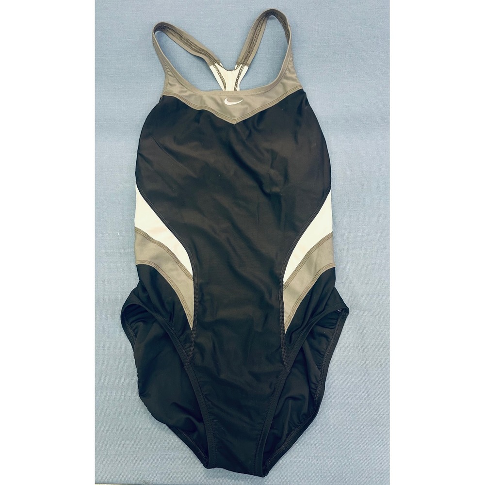Nike Womens One Piece Competition Swimsuit Black Grey Racerback Sz 12 / 38